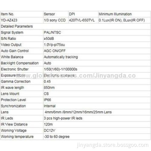 420TVL Waterproof Array IR 60-80m 1/3 Sony CCD Security Bullet Camera